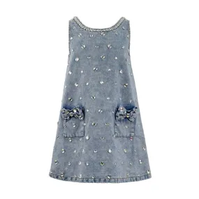 Crystal Heart Denim Bow Dress