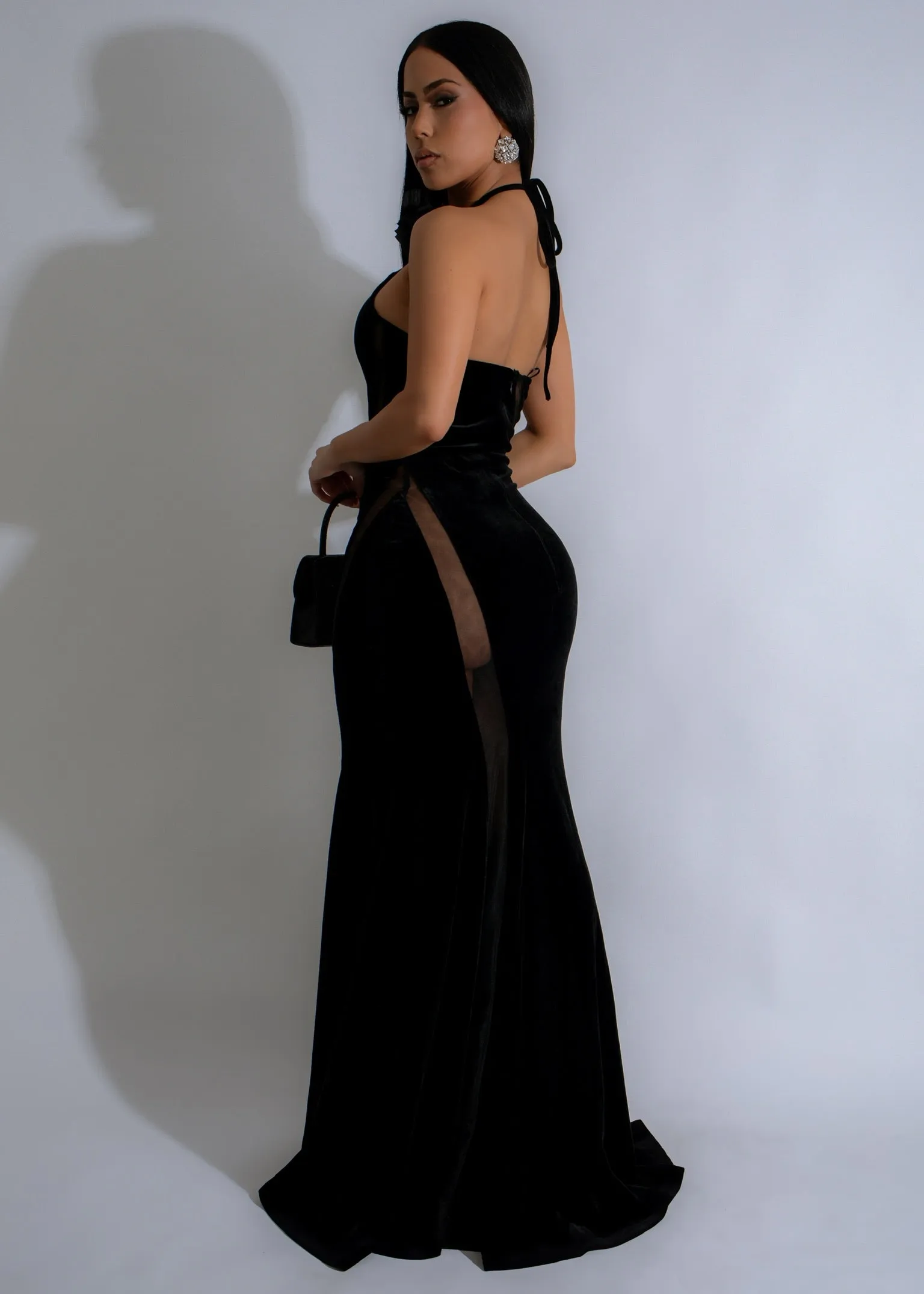 Dark Radiance Velvet Floral Mesh Maxi Dress Black