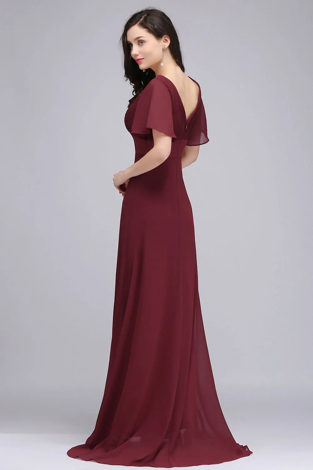 Elegant A Line Poet Sleeves Ruffle Chiffon V-Neck Long Bridesmaid Dress