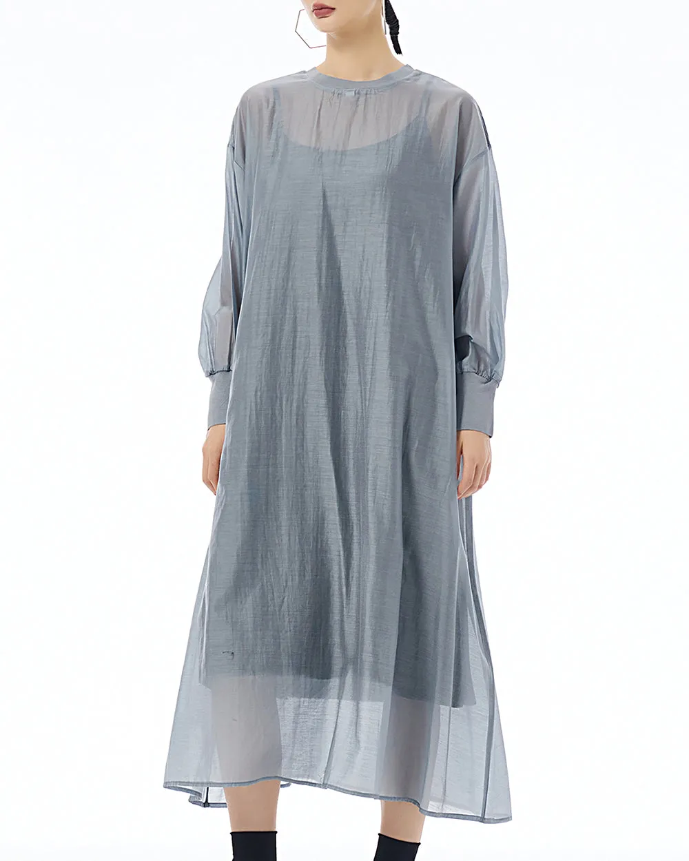 ellazhu Women's Dress Crewneck Long Sleeve Sheer Solid Color Button Flowy Hem Loose GE20