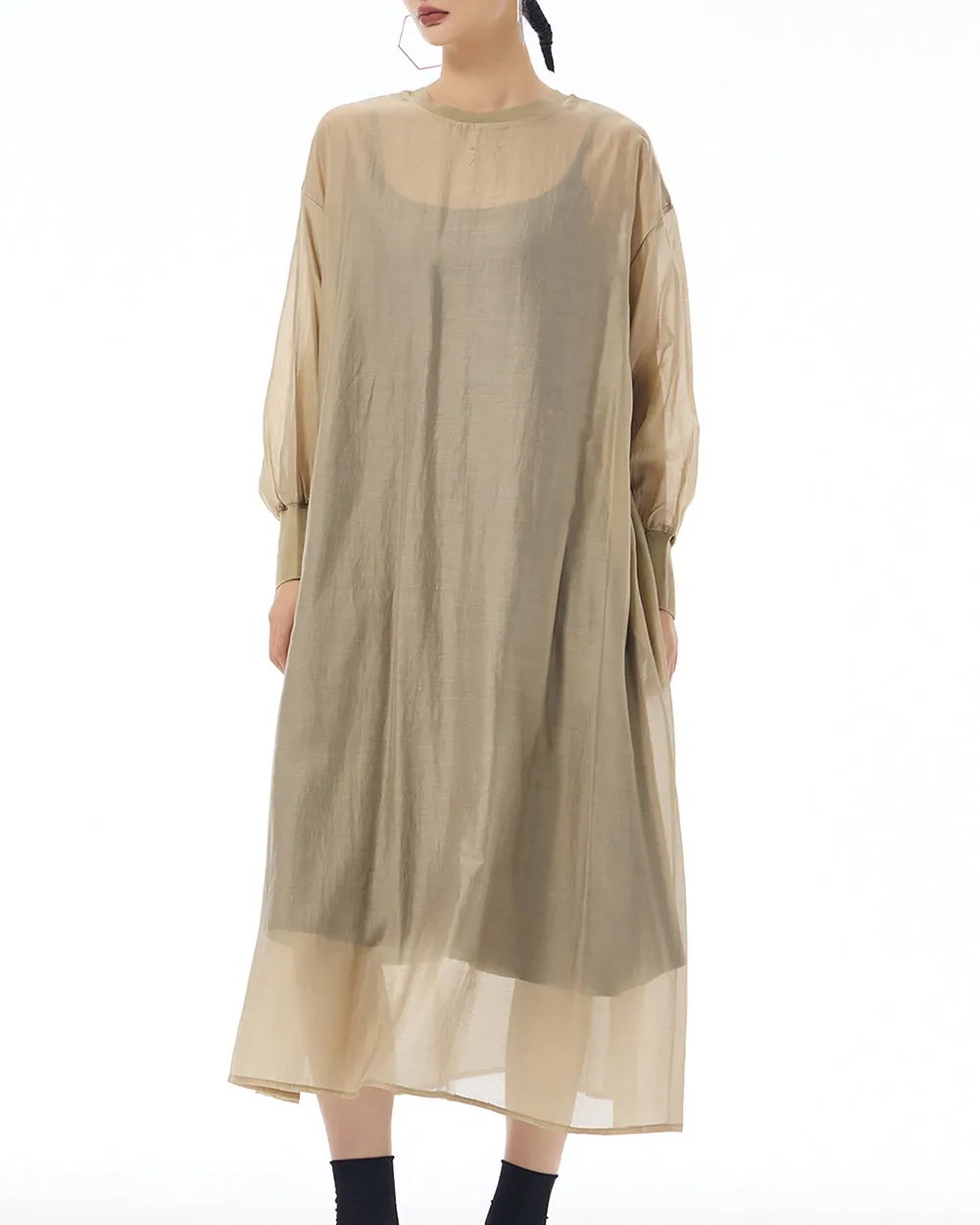 ellazhu Women's Dress Crewneck Long Sleeve Sheer Solid Color Button Flowy Hem Loose GE20