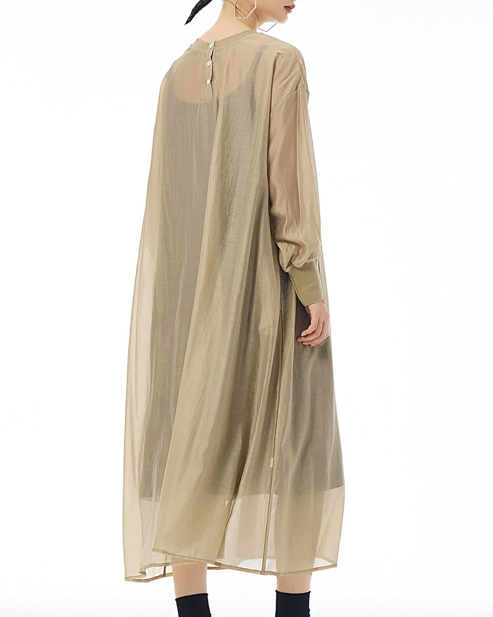 ellazhu Women's Dress Crewneck Long Sleeve Sheer Solid Color Button Flowy Hem Loose GE20