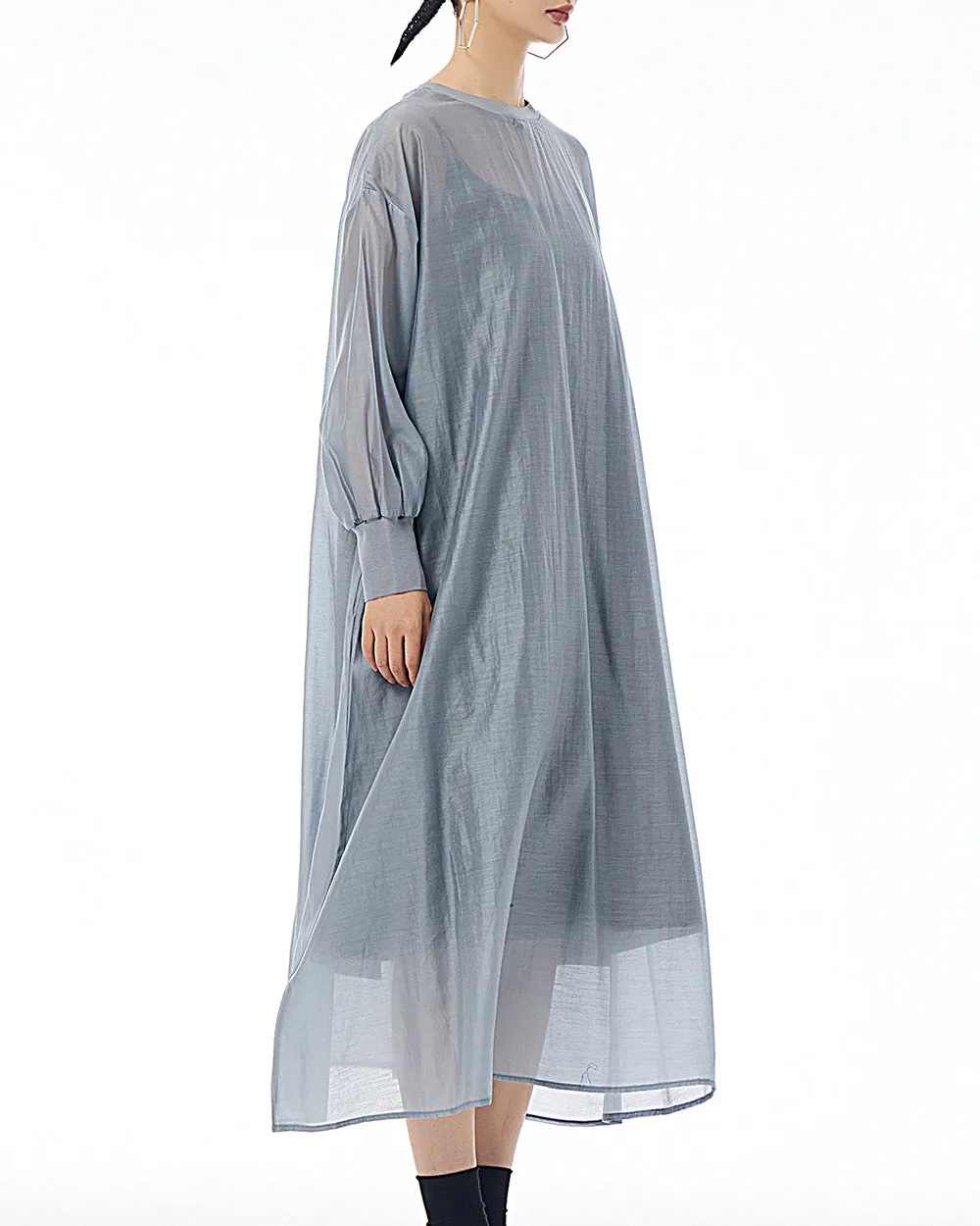 ellazhu Women's Dress Crewneck Long Sleeve Sheer Solid Color Button Flowy Hem Loose GE20