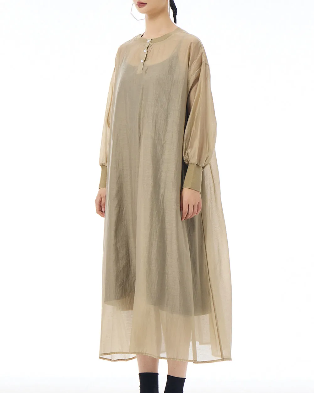 ellazhu Women's Dress Crewneck Long Sleeve Sheer Solid Color Button Flowy Hem Loose GE20