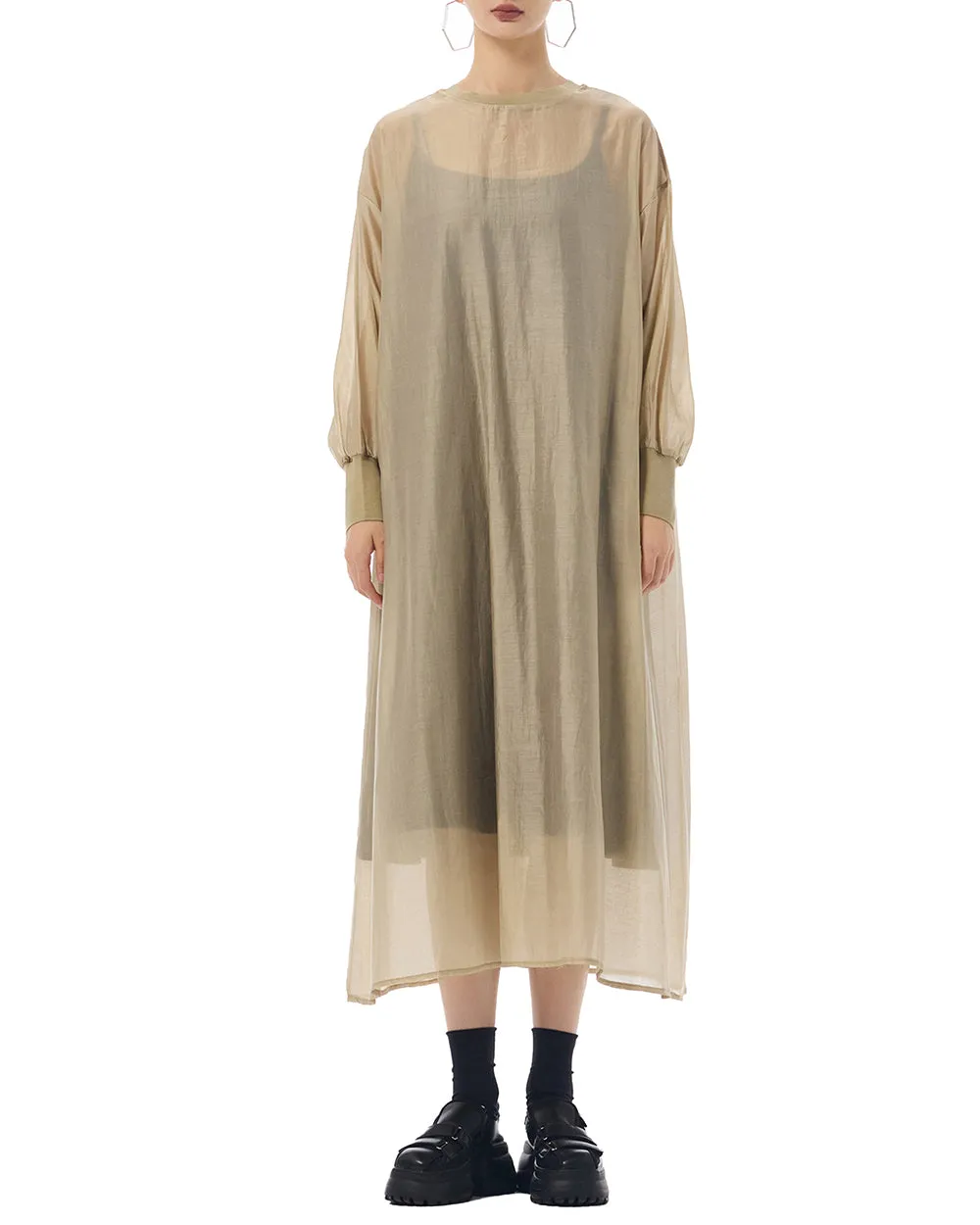 ellazhu Women's Dress Crewneck Long Sleeve Sheer Solid Color Button Flowy Hem Loose GE20