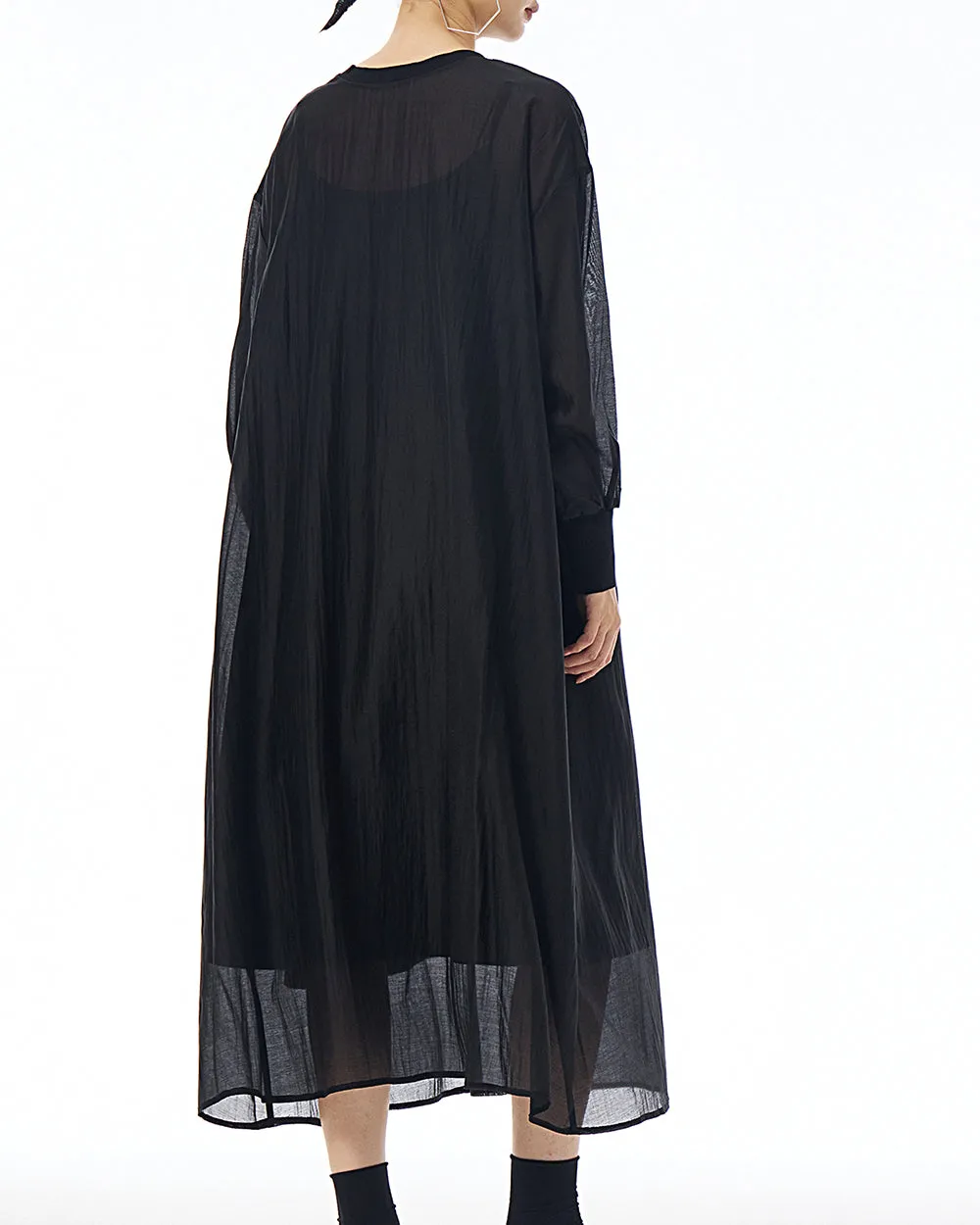 ellazhu Women's Dress Crewneck Long Sleeve Sheer Solid Color Button Flowy Hem Loose GE20