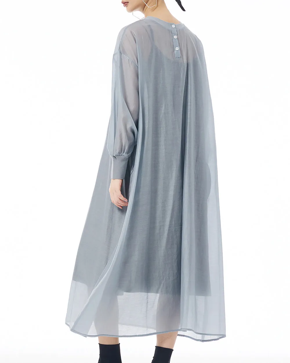 ellazhu Women's Dress Crewneck Long Sleeve Sheer Solid Color Button Flowy Hem Loose GE20