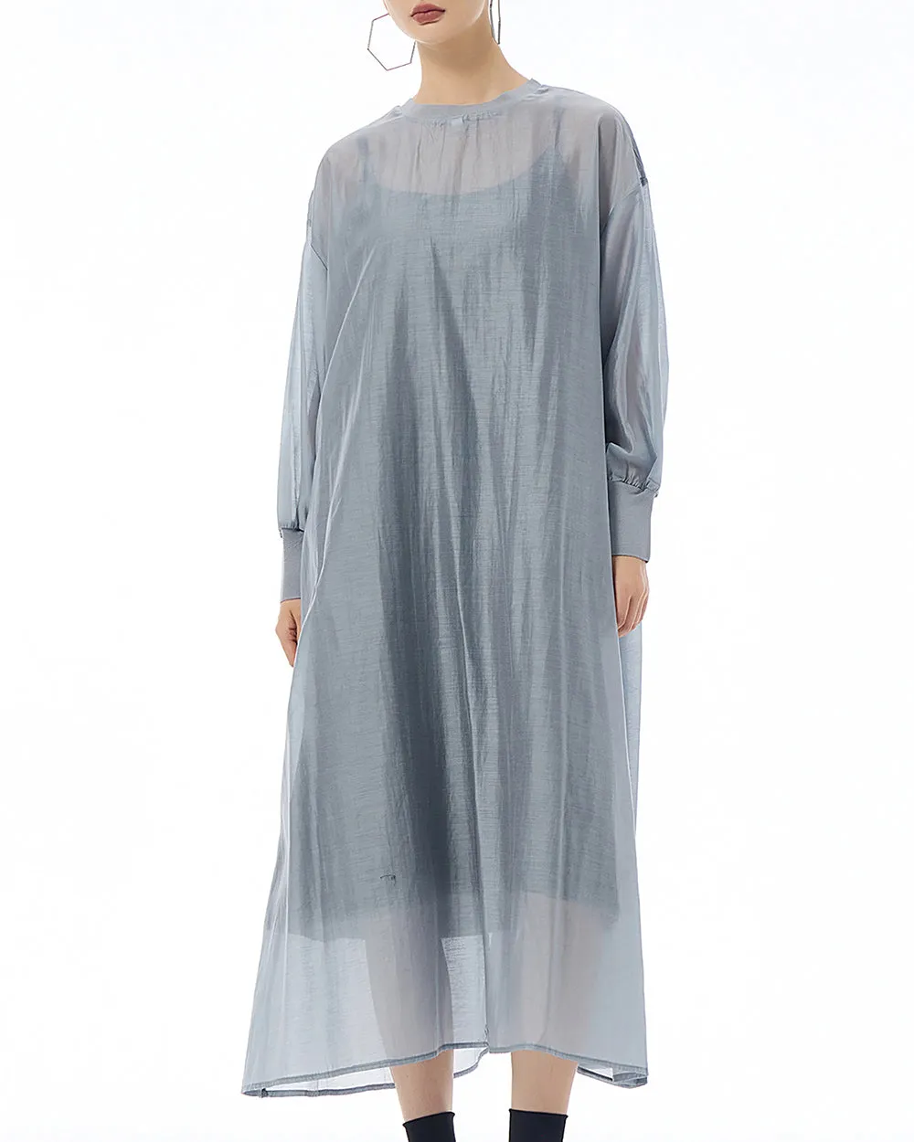 ellazhu Women's Dress Crewneck Long Sleeve Sheer Solid Color Button Flowy Hem Loose GE20