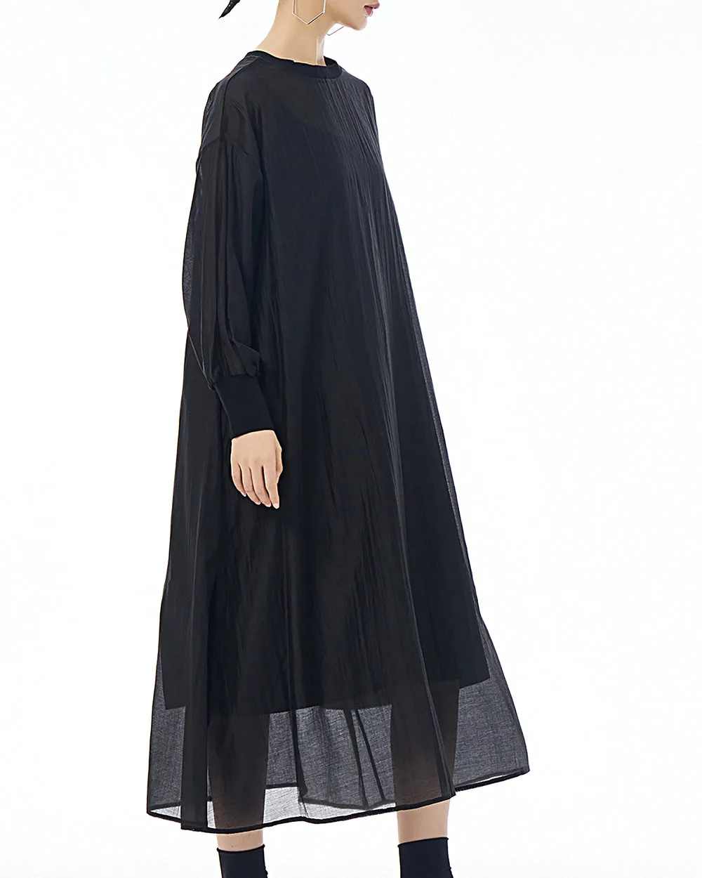 ellazhu Women's Dress Crewneck Long Sleeve Sheer Solid Color Button Flowy Hem Loose GE20