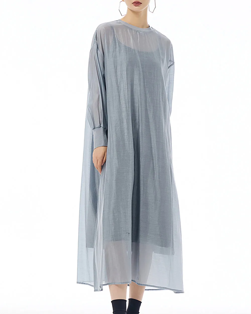 ellazhu Women's Dress Crewneck Long Sleeve Sheer Solid Color Button Flowy Hem Loose GE20