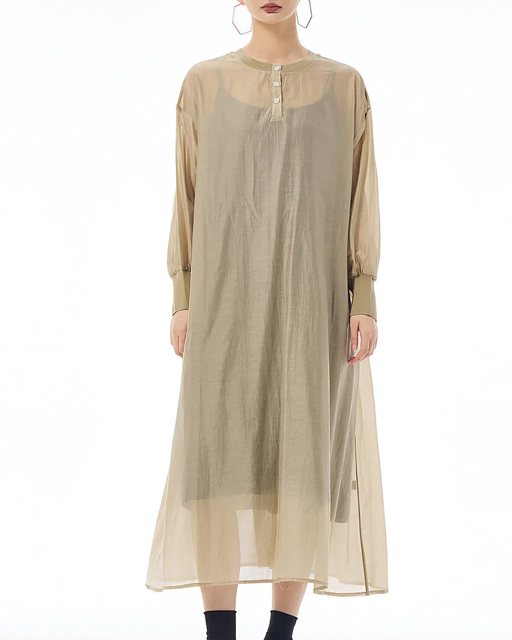 ellazhu Women's Dress Crewneck Long Sleeve Sheer Solid Color Button Flowy Hem Loose GE20