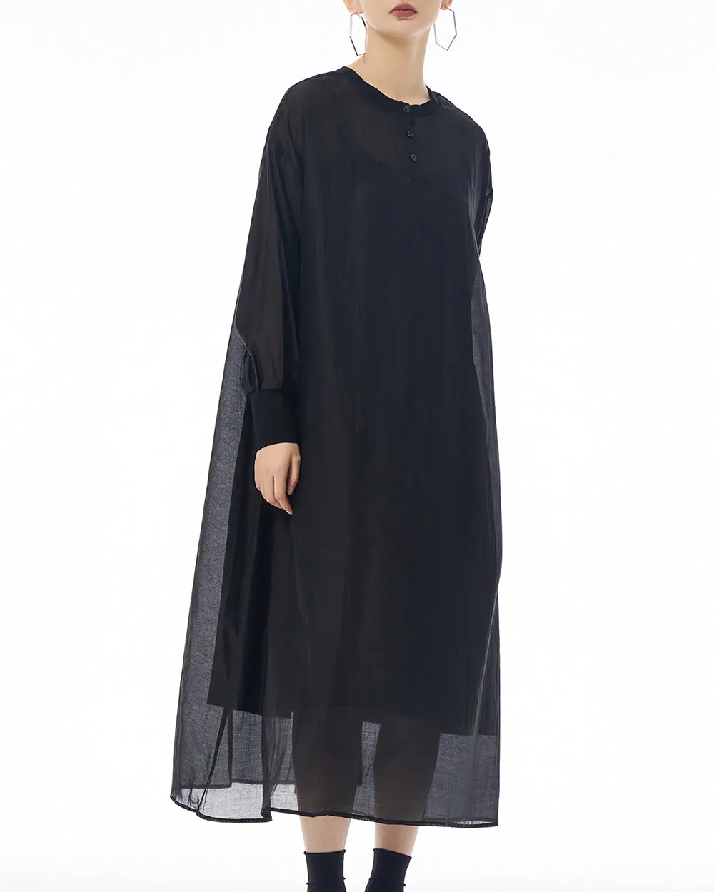 ellazhu Women's Dress Crewneck Long Sleeve Sheer Solid Color Button Flowy Hem Loose GE20