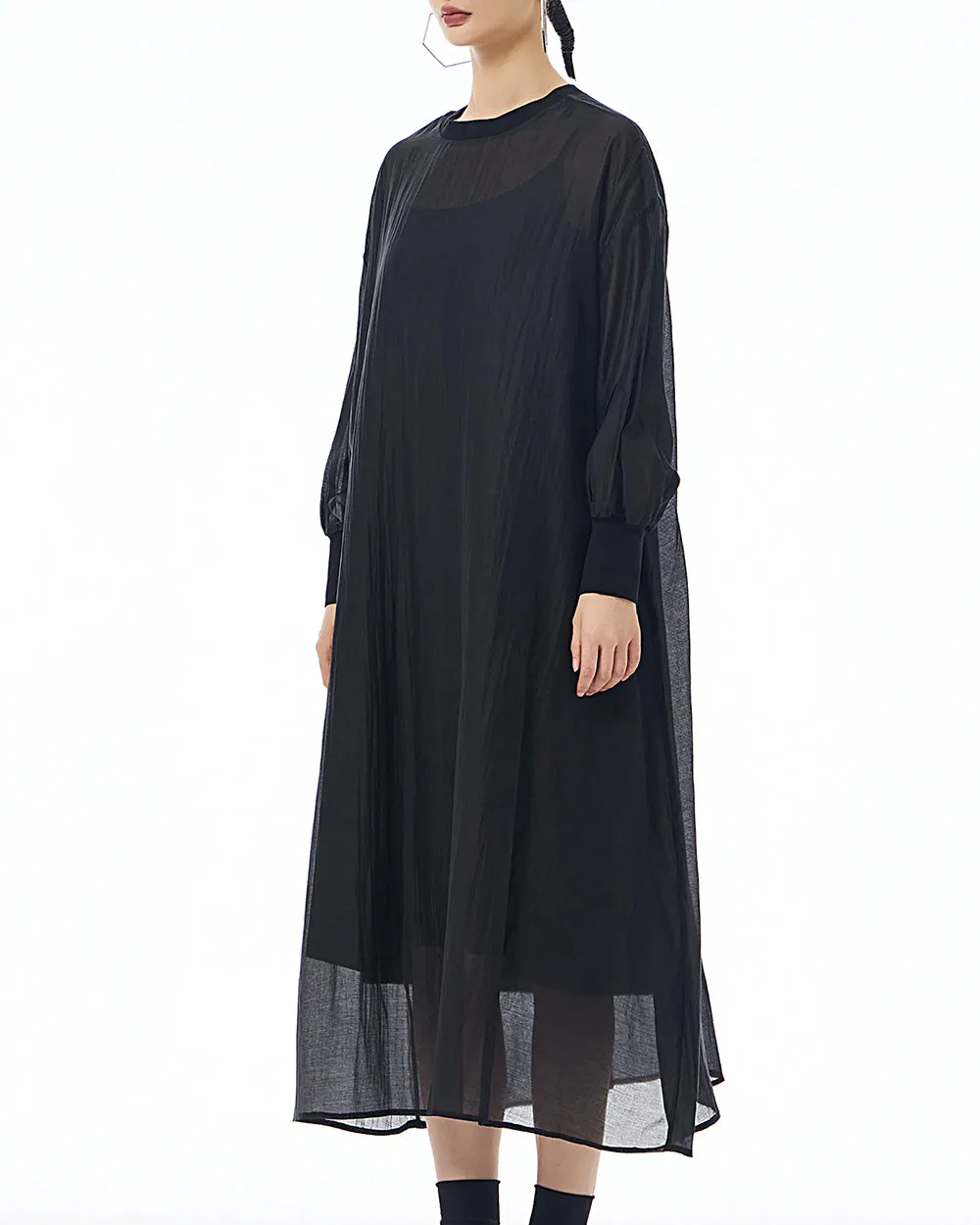 ellazhu Women's Dress Crewneck Long Sleeve Sheer Solid Color Button Flowy Hem Loose GE20