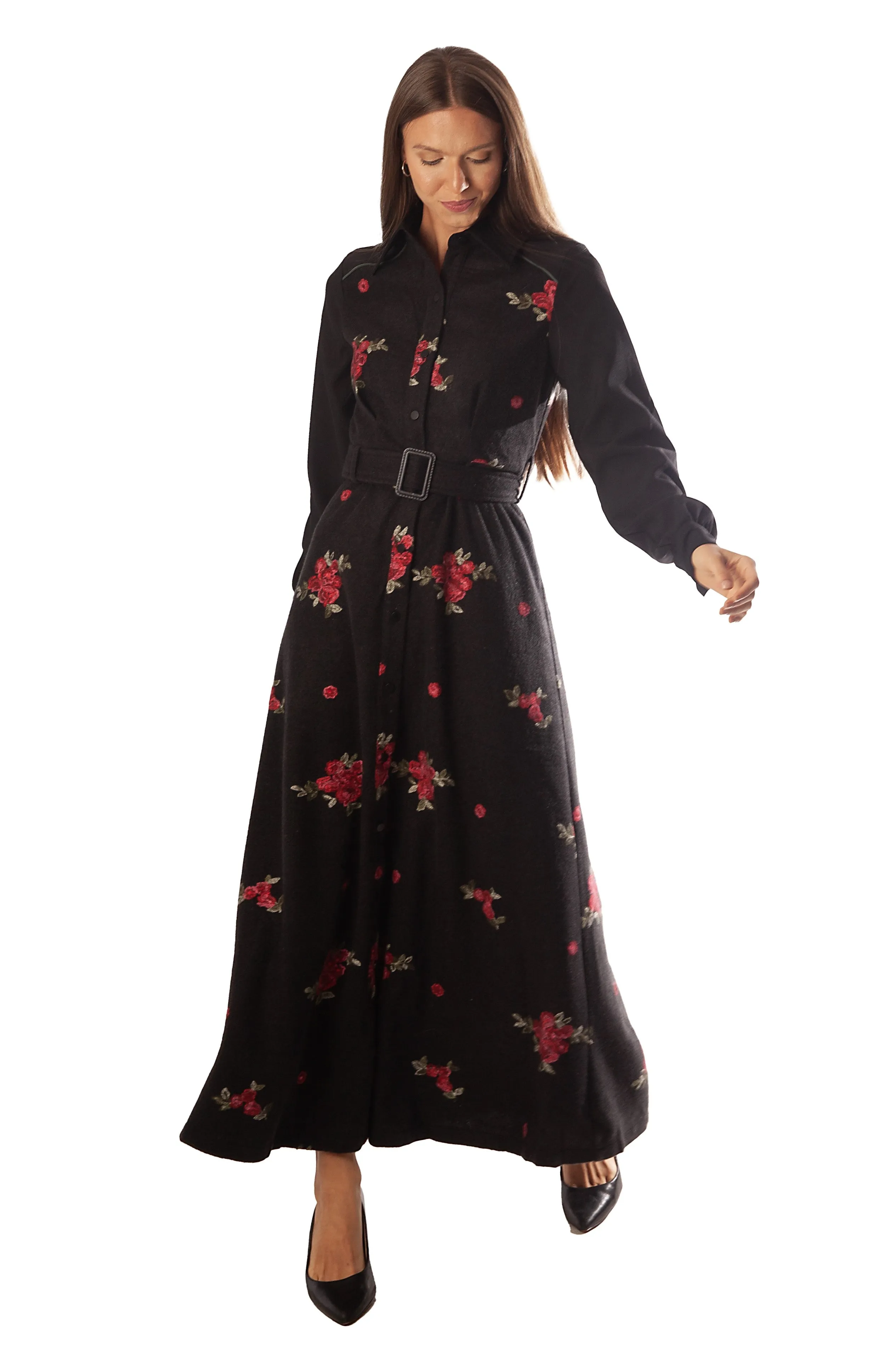 Embroidered Wooly A Line Dress