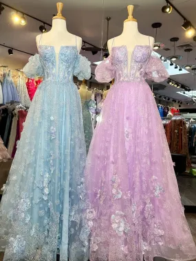 Eponine | Spaghetti Straps A Line Long Prom Dress With Floral Appliques