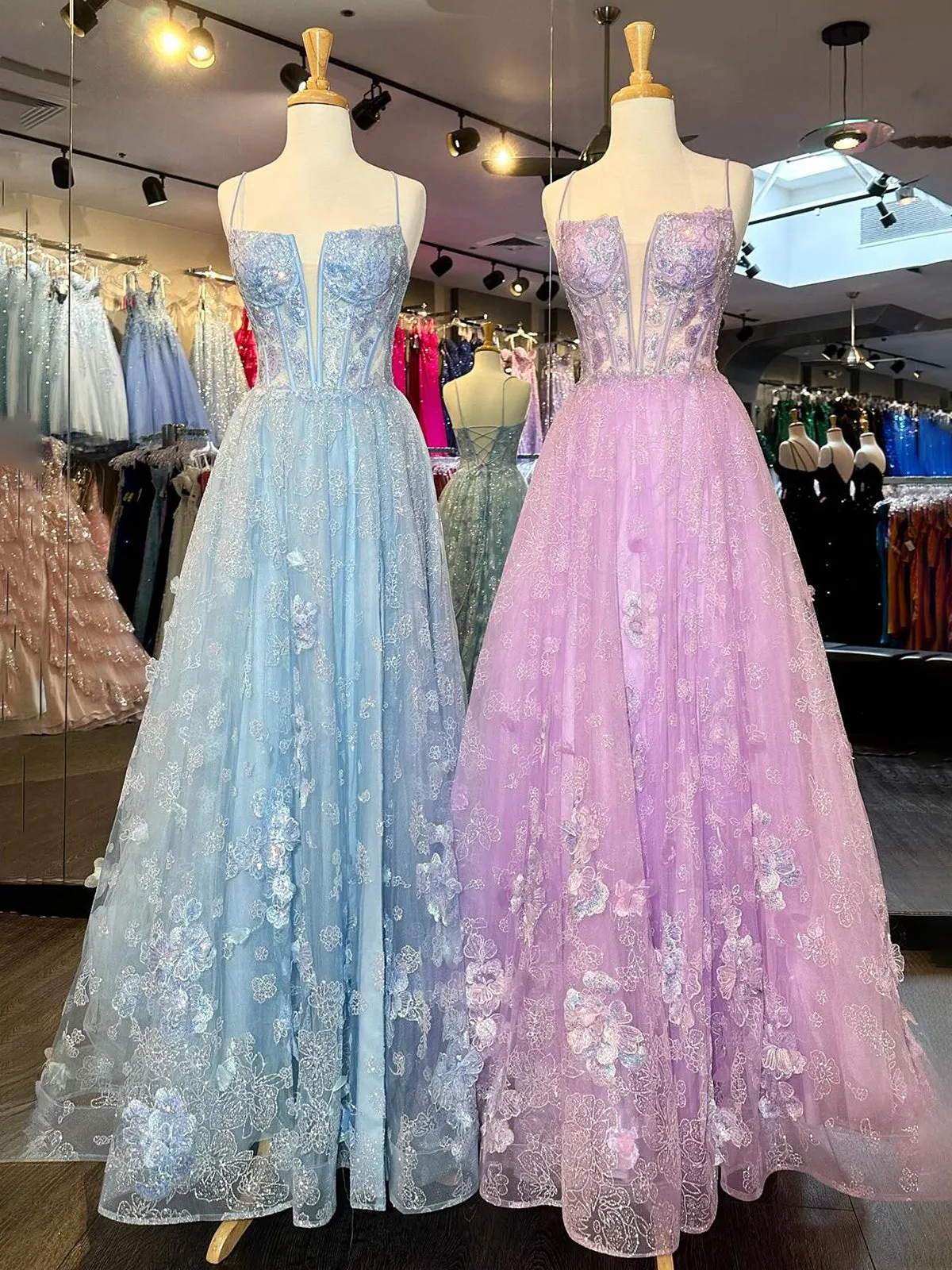 Eponine | Spaghetti Straps A Line Long Prom Dress With Floral Appliques