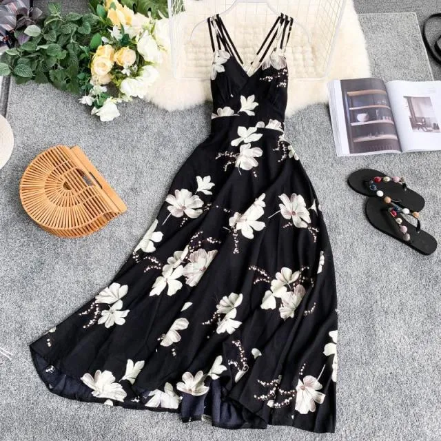 Floral V-neck Backless Long Dress