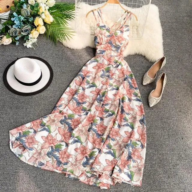 Floral V-neck Backless Long Dress