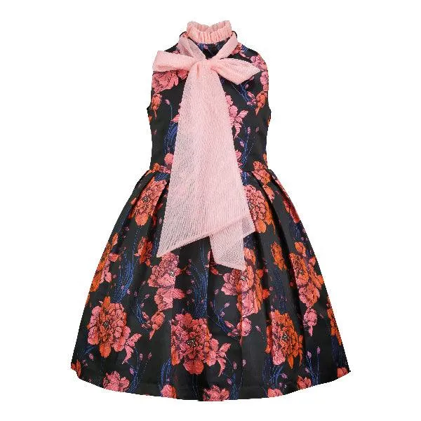 GIRLS BLACK AND PEACH FLORAL DAMASK DRESS