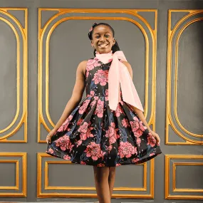 GIRLS BLACK AND PEACH FLORAL DAMASK DRESS
