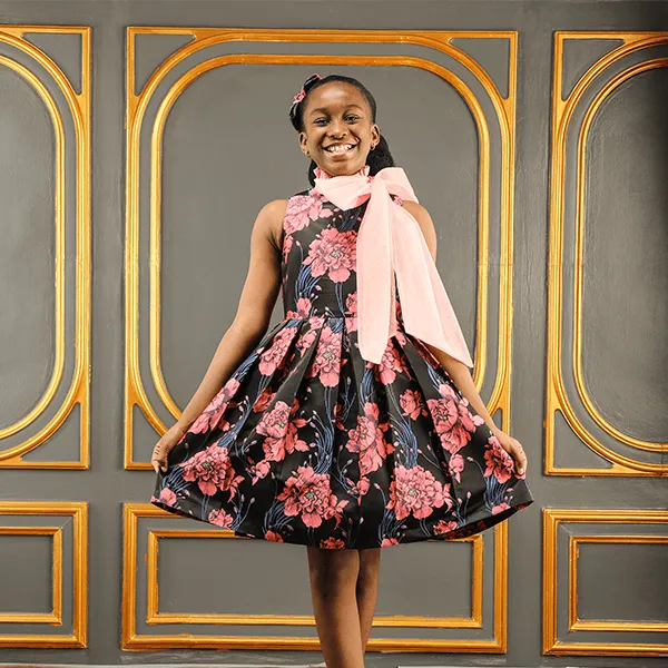 GIRLS BLACK AND PEACH FLORAL DAMASK DRESS