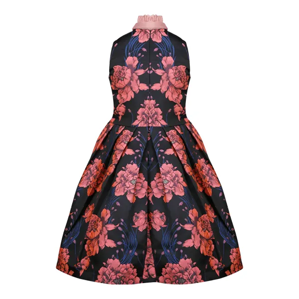 GIRLS BLACK AND PEACH FLORAL DAMASK DRESS