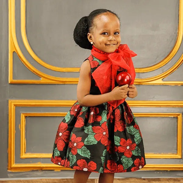 GIRLS MULTICOLOR FLORAL DRESS WITH RED NECK TIE