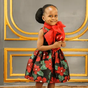 GIRLS MULTICOLOR FLORAL DRESS WITH RED NECK TIE