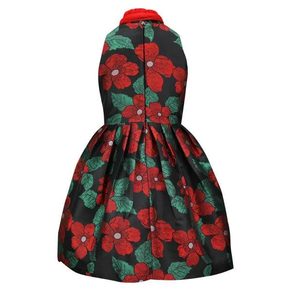 GIRLS MULTICOLOR FLORAL DRESS WITH RED NECK TIE