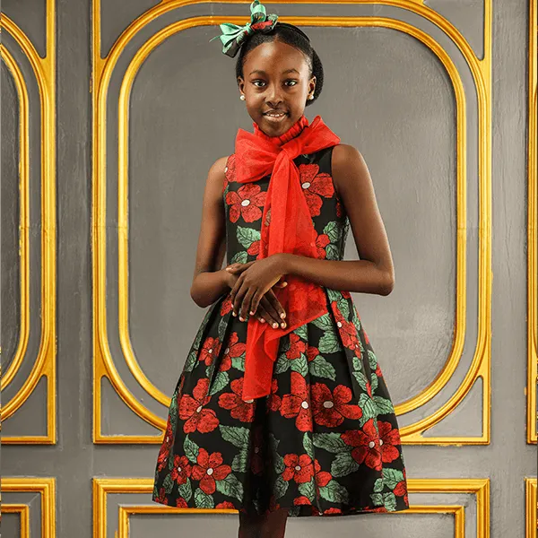 GIRLS MULTICOLOR FLORAL DRESS WITH RED NECK TIE