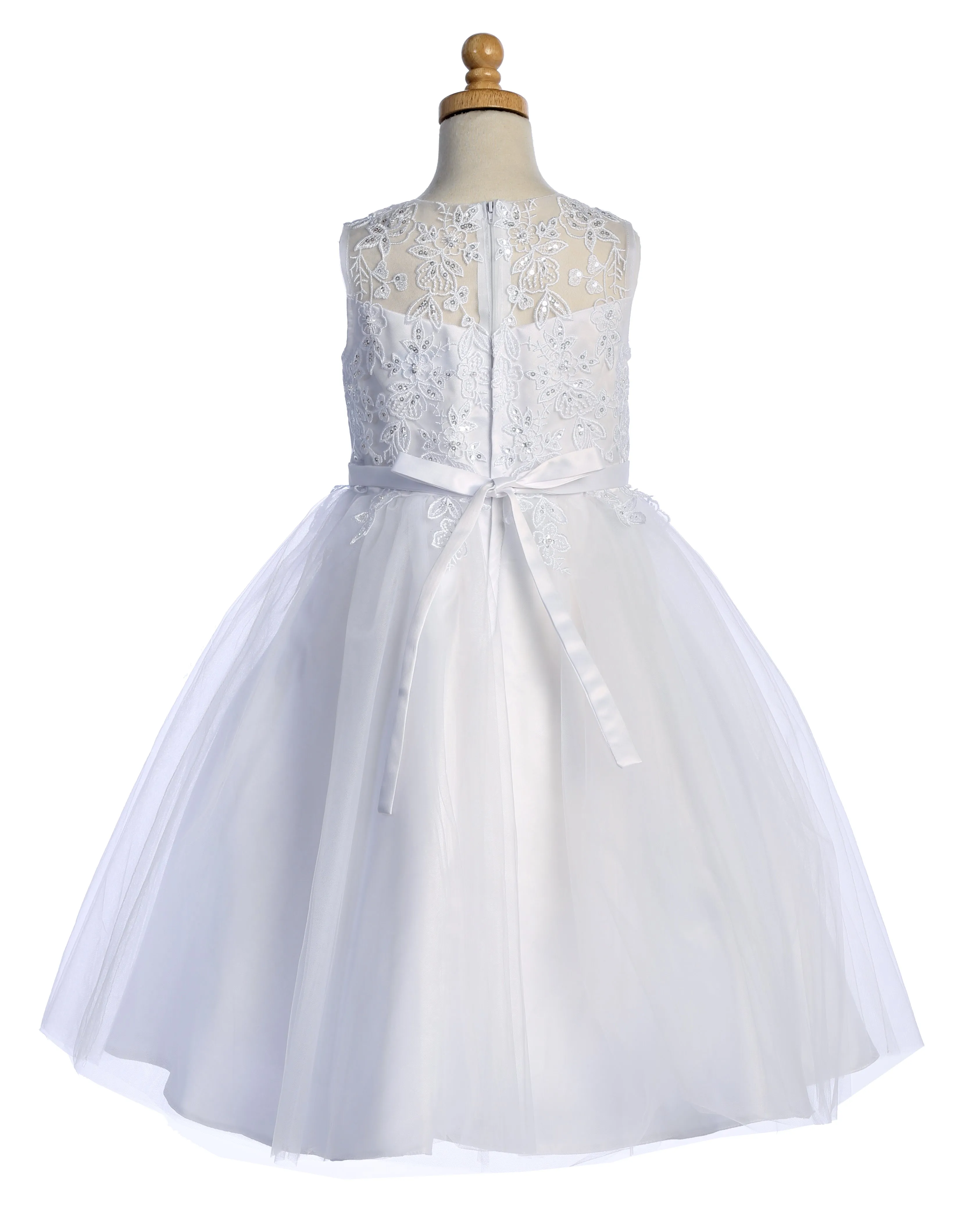 Girls Pearl Sequin Embroidered Tulle Tea Length Communion Dress 6-12