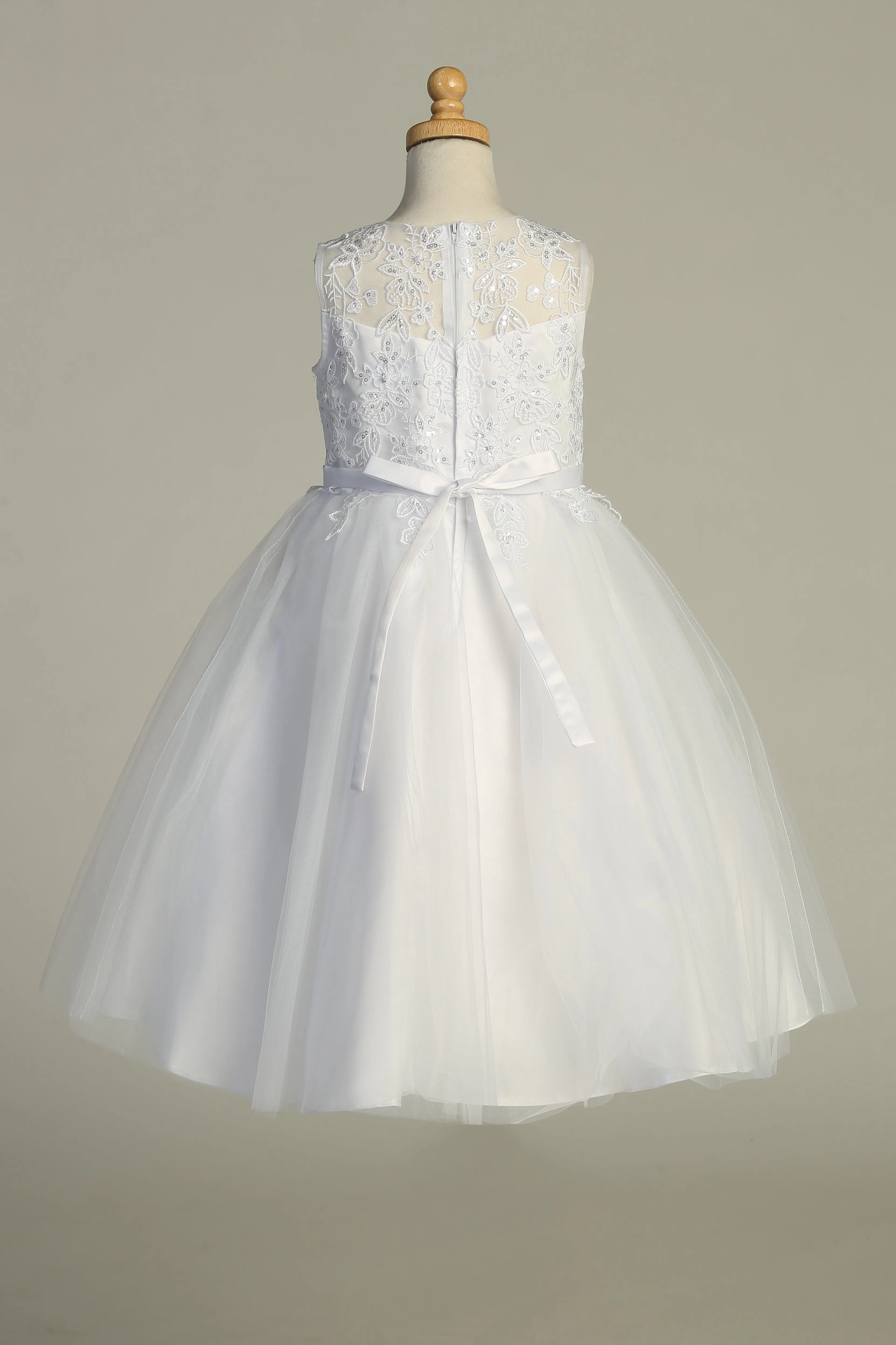 Girls Pearl Sequin Embroidered Tulle Tea Length Communion Dress 6-12