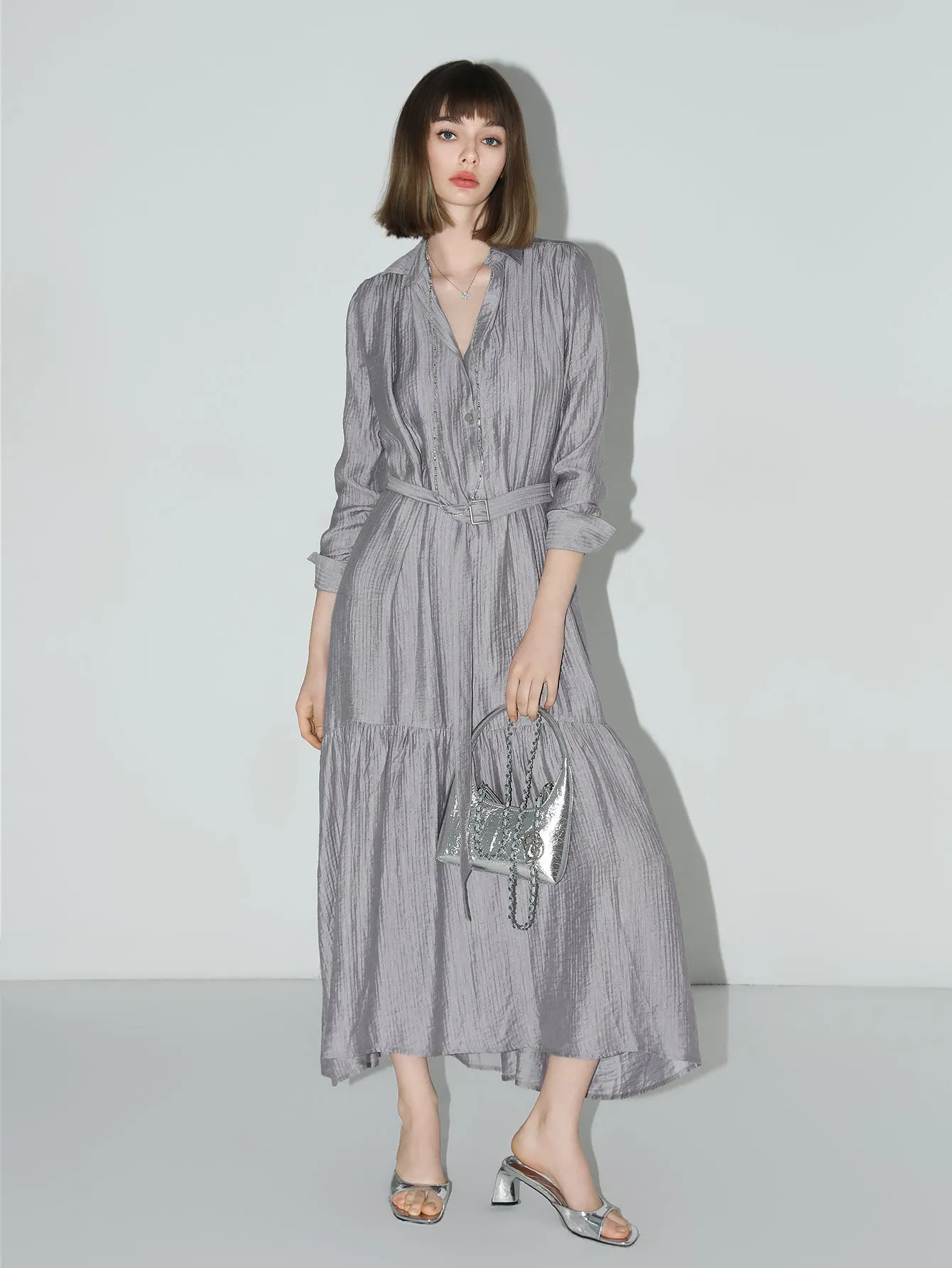 Glam Purple Pleated Long-Sleeve Shirt Dress