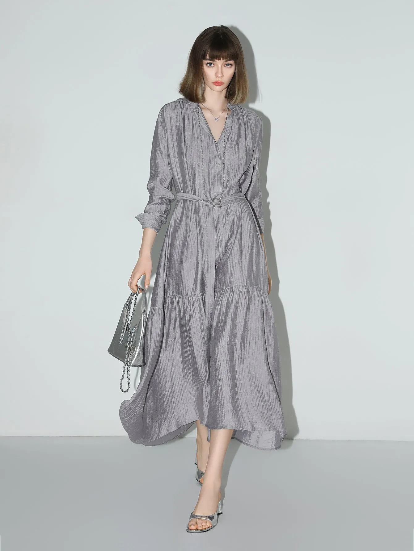 Glam Purple Pleated Long-Sleeve Shirt Dress