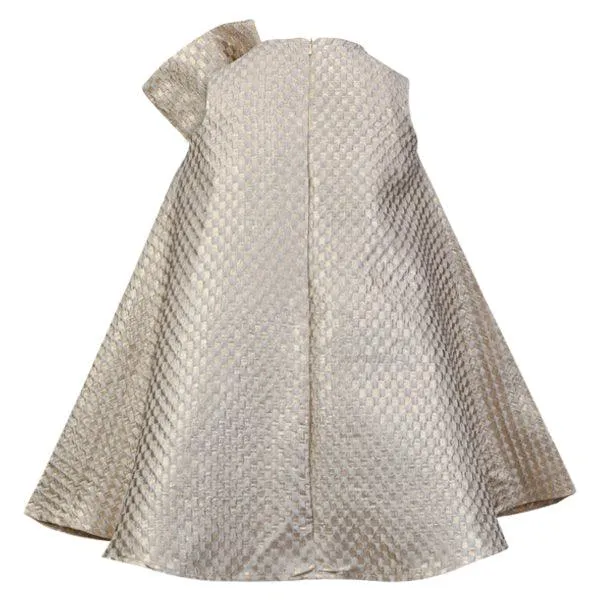 GOLD DAMASK DRESS WITH BOW TIE APPLIQUE