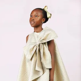 GOLD DAMASK DRESS WITH BOW TIE APPLIQUE