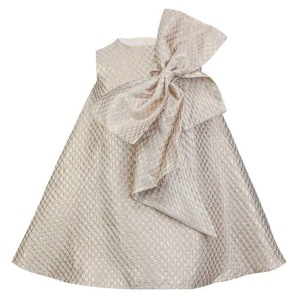 GOLD DAMASK DRESS WITH BOW TIE APPLIQUE