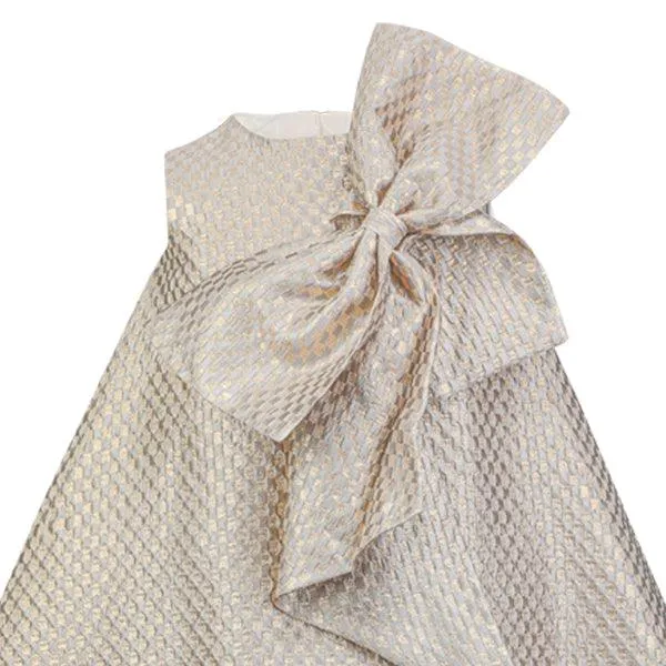 GOLD DAMASK DRESS WITH BOW TIE APPLIQUE