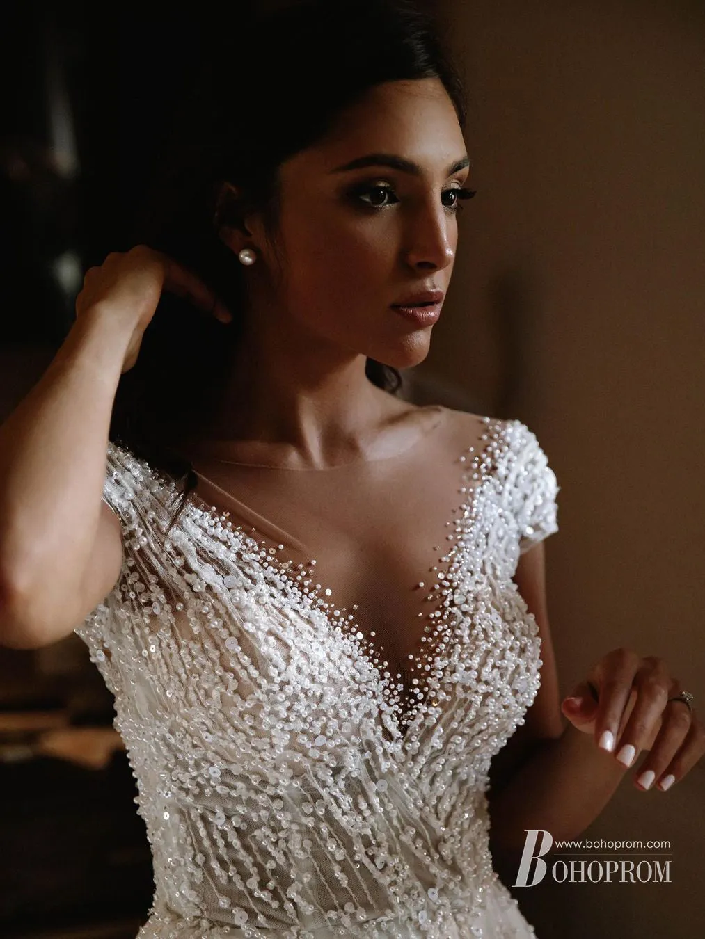 Gorgeous Illusion Tulle Beaded Cap Sleeves Wedding Dresses WD151