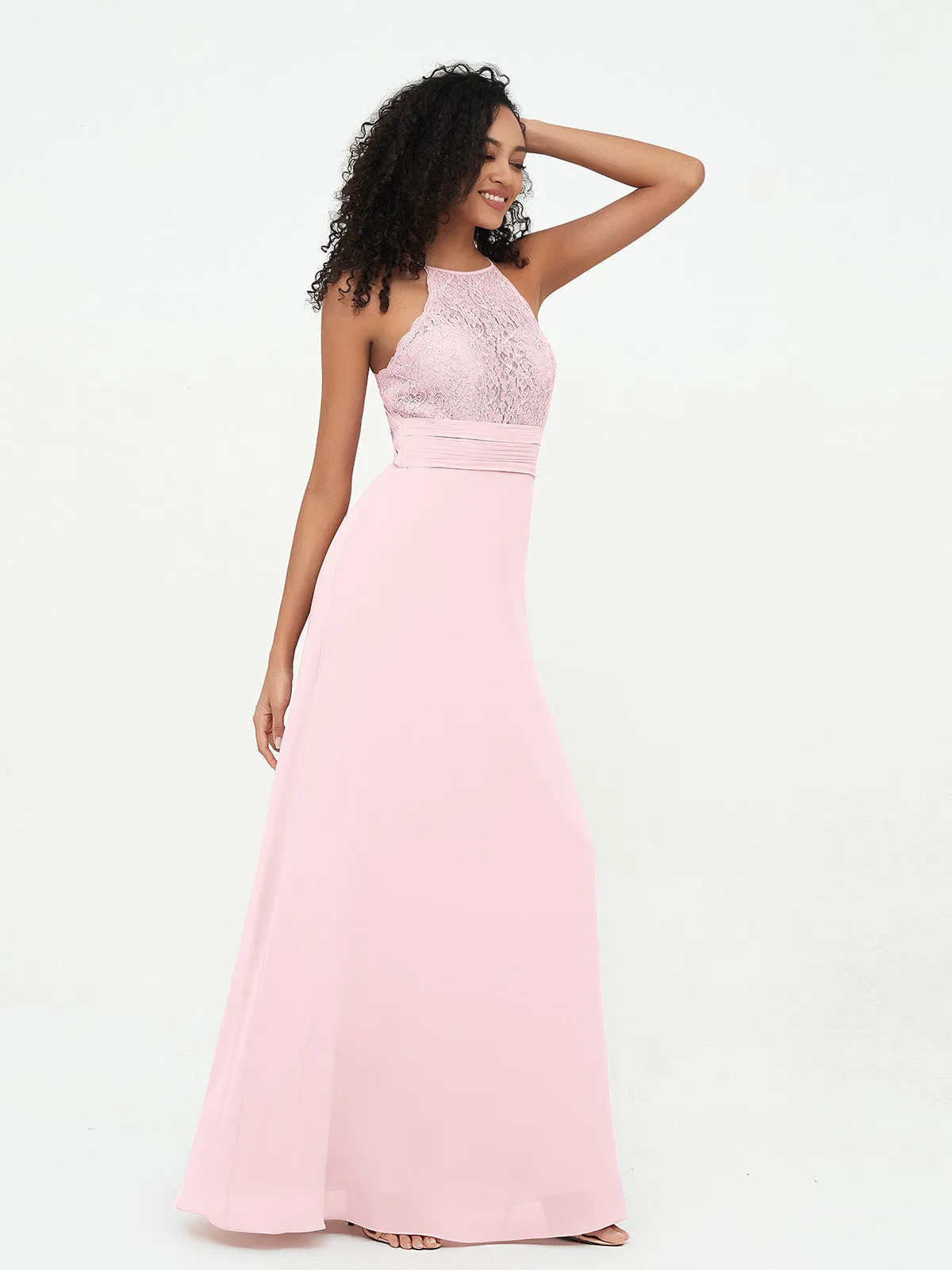 Halter Lace Top and Chiffon Open Back Dresses Blushing Pink