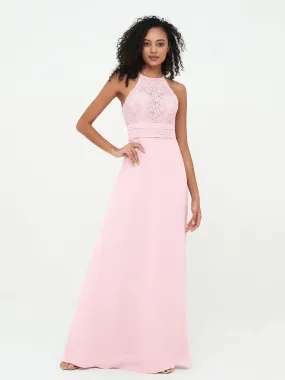 Halter Lace Top and Chiffon Open Back Dresses Blushing Pink