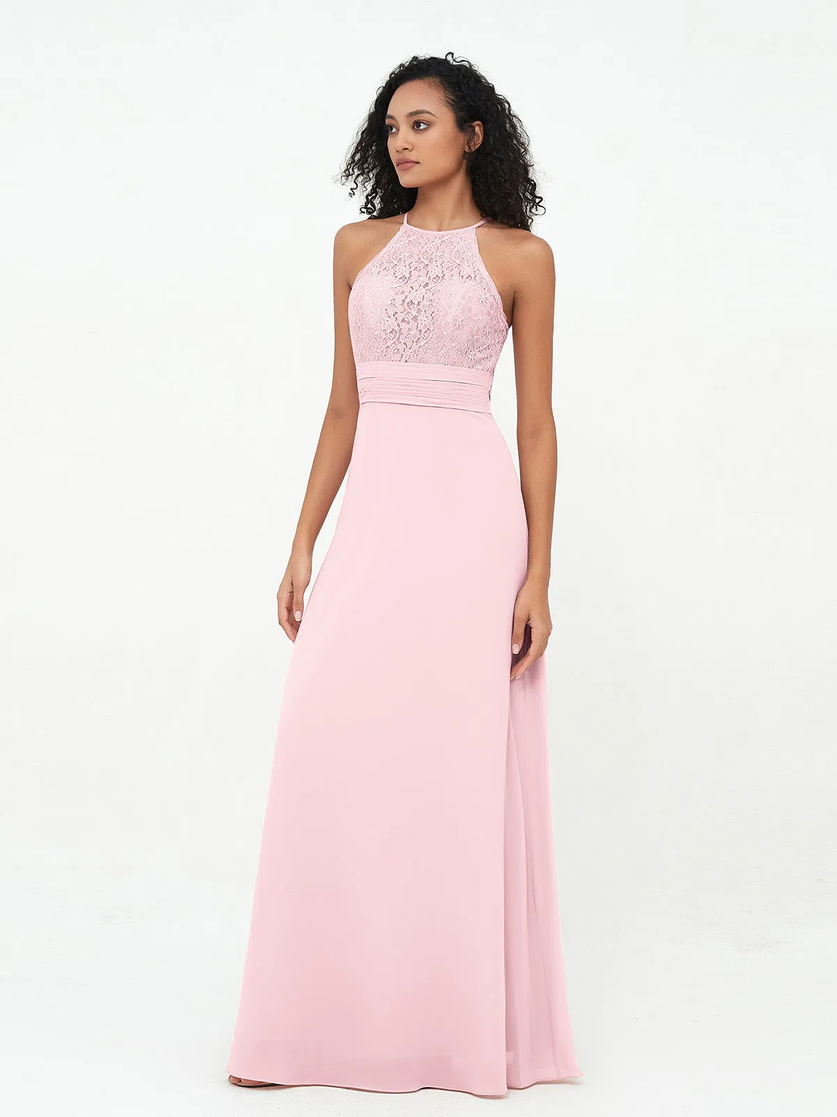 Halter Lace Top and Chiffon Open Back Dresses Blushing Pink
