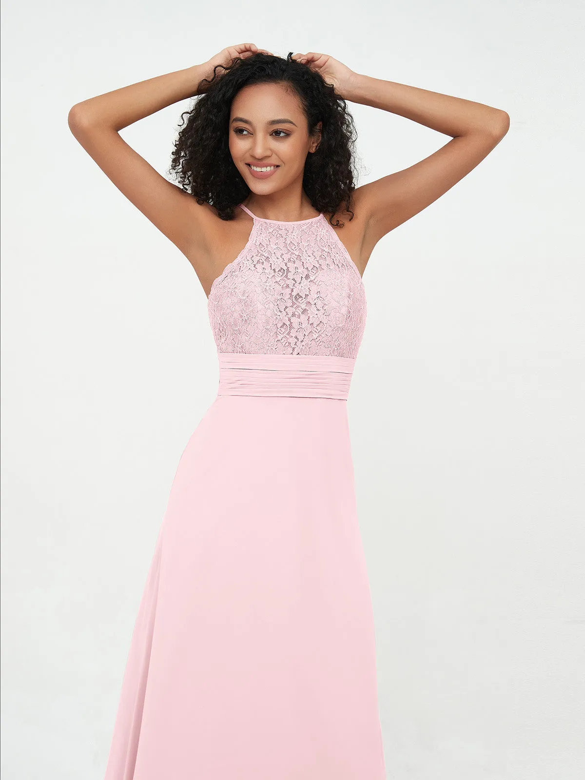 Halter Lace Top and Chiffon Open Back Dresses Blushing Pink