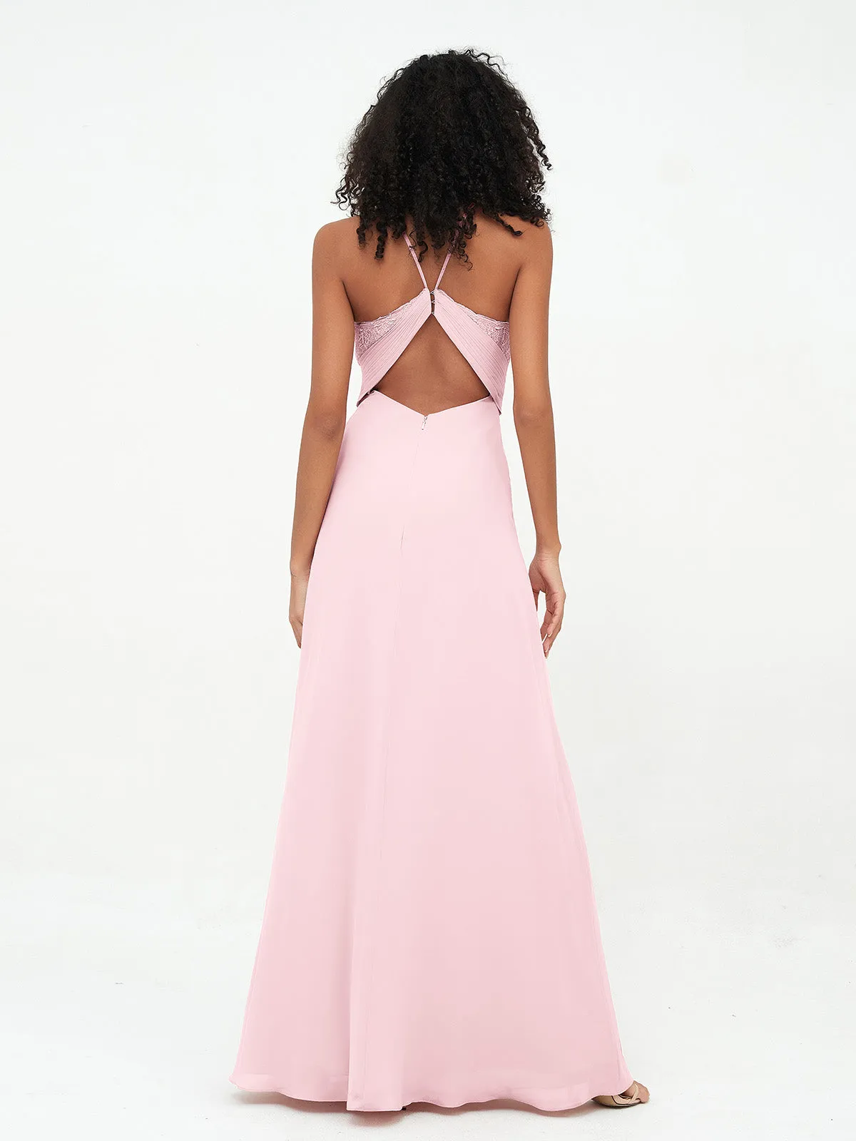 Halter Lace Top and Chiffon Open Back Dresses Blushing Pink