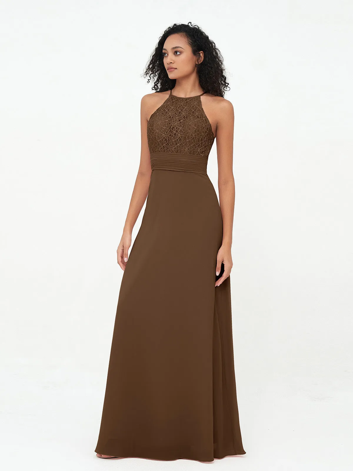 Halter Lace Top and Chiffon Open Back Dresses Brown