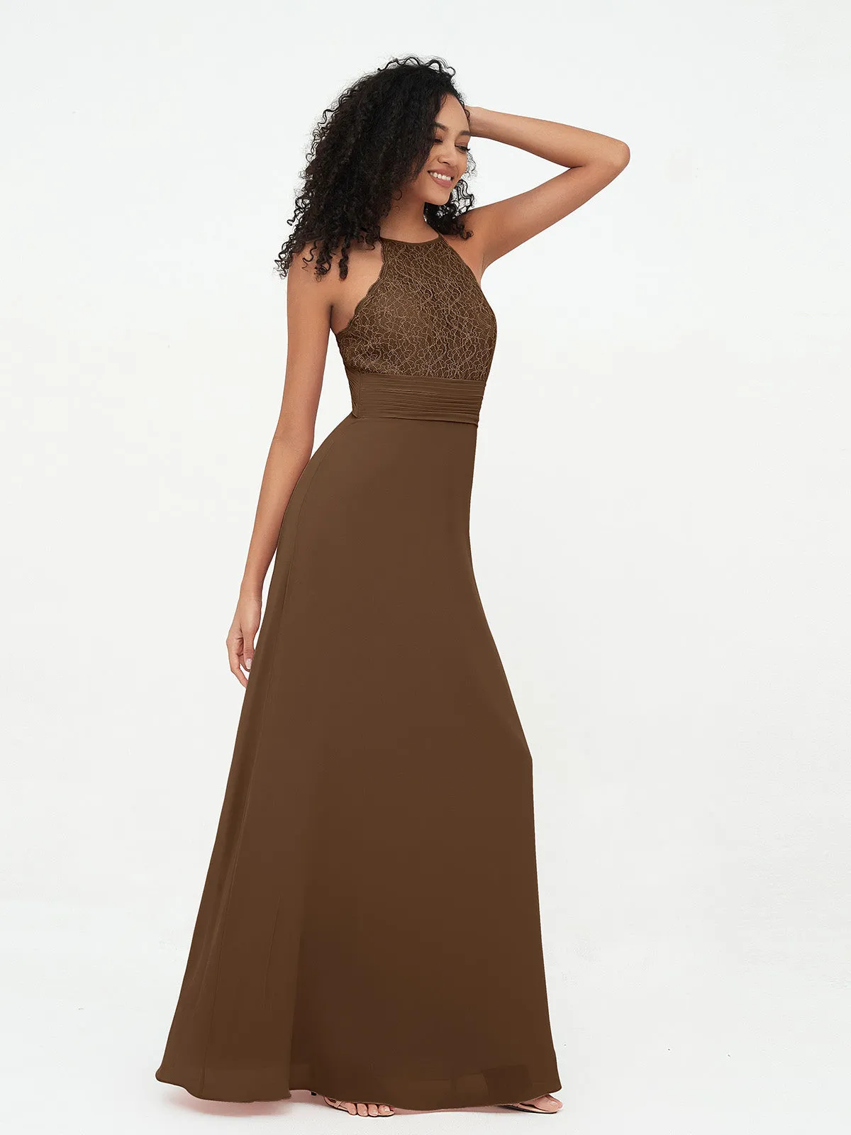 Halter Lace Top and Chiffon Open Back Dresses Brown