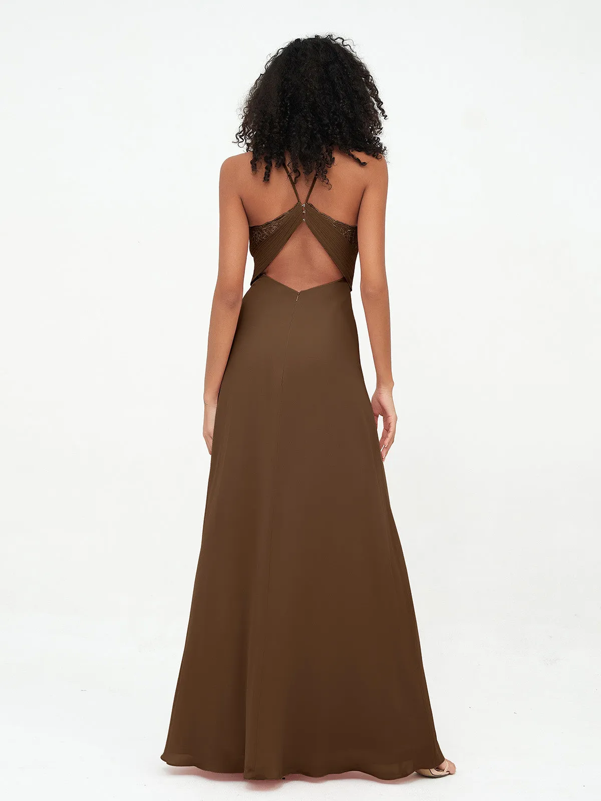 Halter Lace Top and Chiffon Open Back Dresses Brown