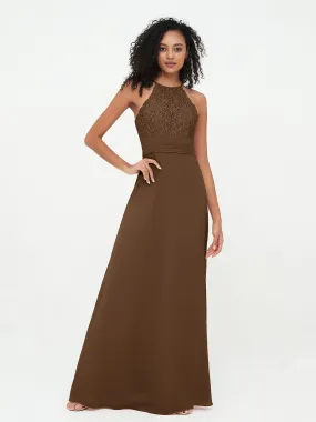 Halter Lace Top and Chiffon Open Back Dresses Brown