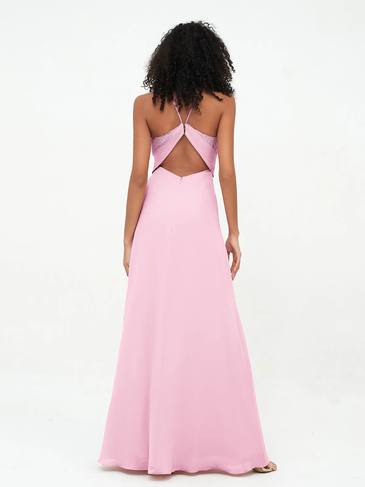 Halter Lace Top and Chiffon Open Back Dresses Candy Pink Plus Size