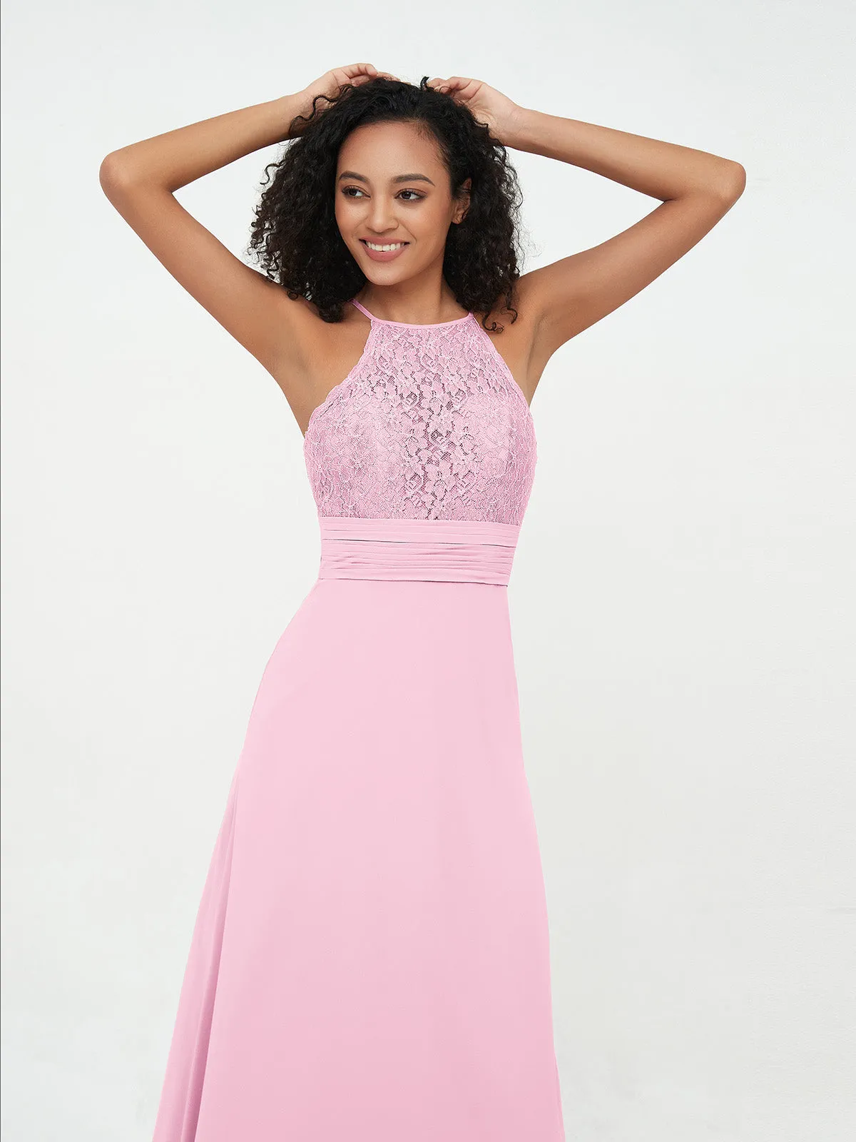 Halter Lace Top and Chiffon Open Back Dresses Candy Pink Plus Size